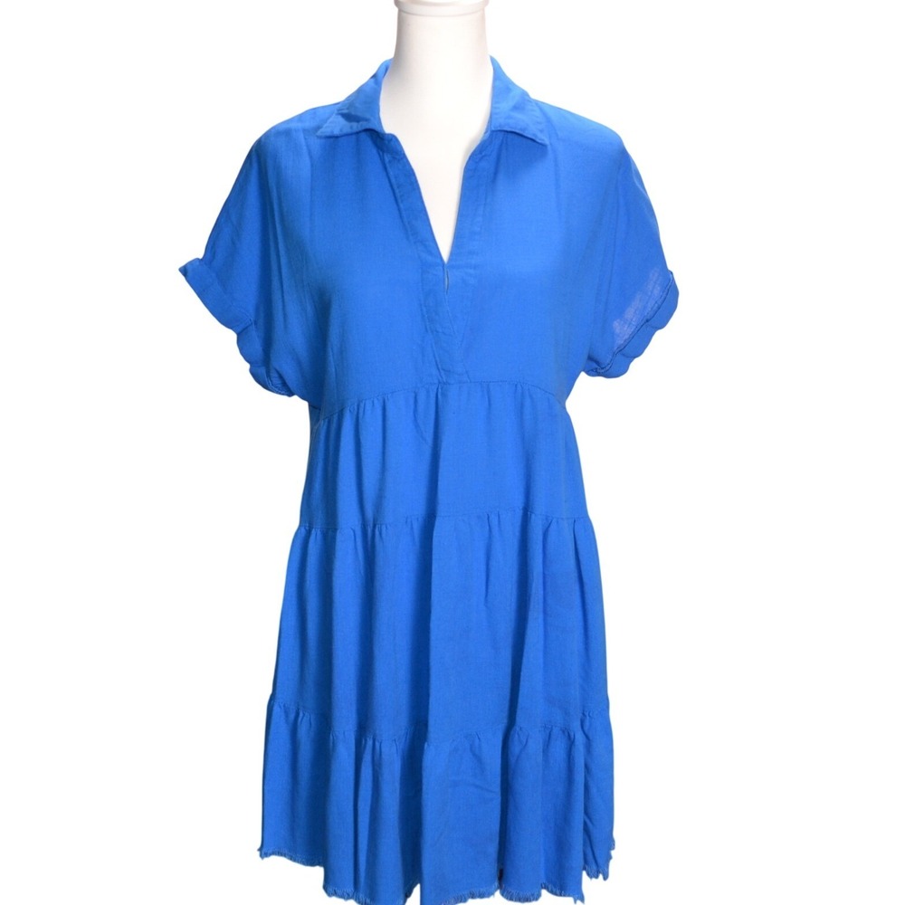 Blue Linen Blend Tiered Babydoll Mini Dress Relaxed Fit Short Sleeve Easy Summer